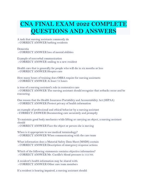 Cna final exam 100 questions free - 60 questions for the end program exam Learn with flashcards, games, and more — for free. ... cna final exam review 100 questions. 172 terms. Ali6276. 